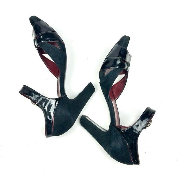 MaxMara Black Heels Suede Patent Leather Peep Toe Mary Jane Italy 40 US 10 - Picture 7 of 16